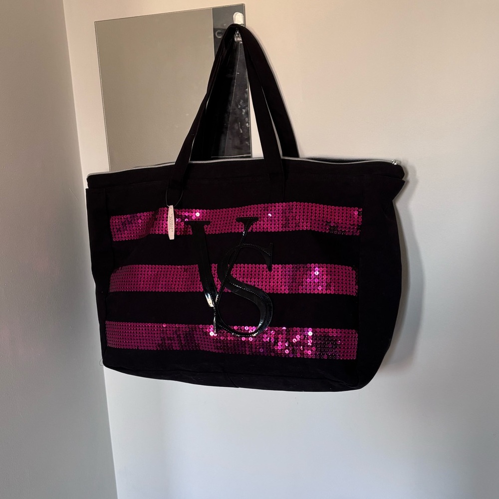 Victoria's Secret Black Tote with Pink Sequin Stripes